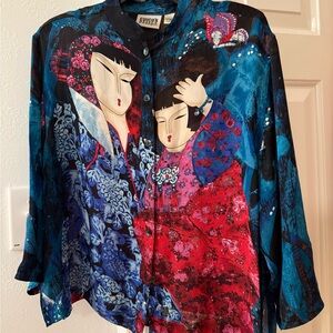 EUC Unique Blue and Red Artistic Blouse
Asian silk blouse by Chicos sz 2